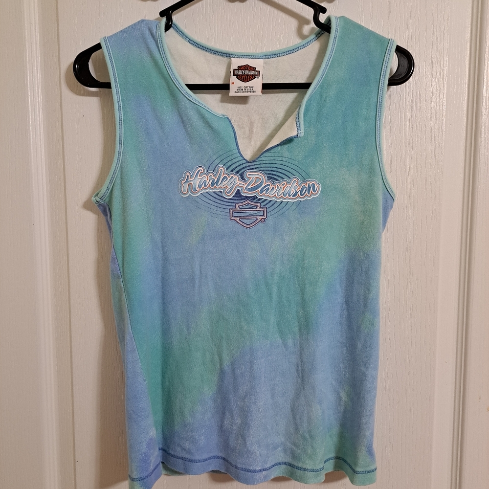 Harley Davidson 100% Cotton Route 66 Blue Green Sleeveless Tank Size Medium